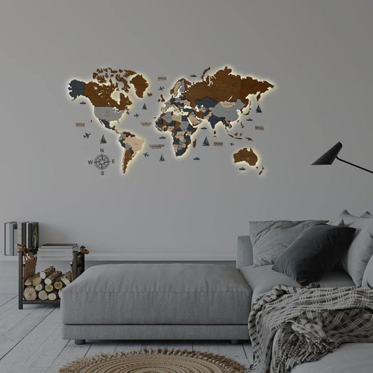 3D LED WOODEN WORLD MAP IN DARK BROWN AND GREY WoodLeo