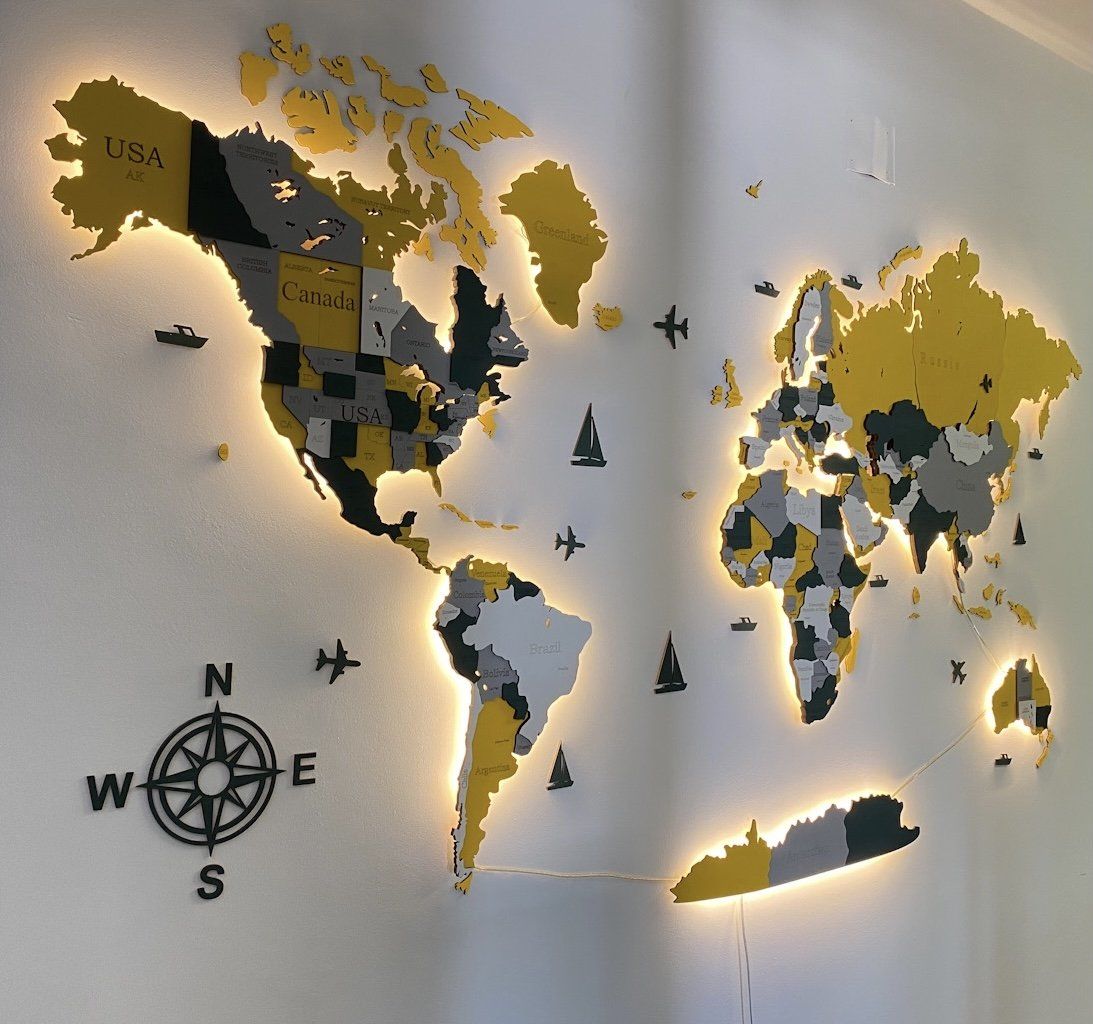 3D LED WOODEN WORLD MAP IN YELLOW AND GREEN COLORS WoodLeo