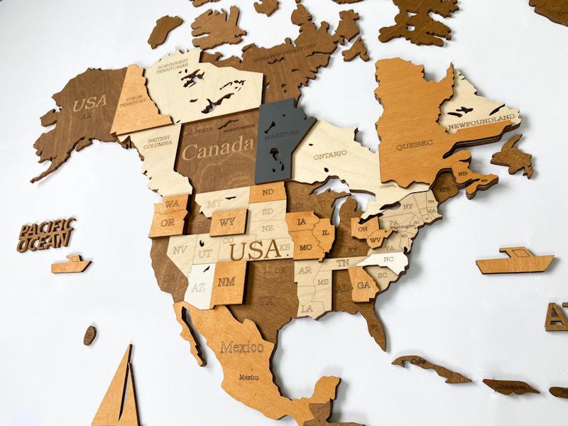 3D WOODEN WORLD WALL MAP «AMERICANO» COLOR WoodLeo