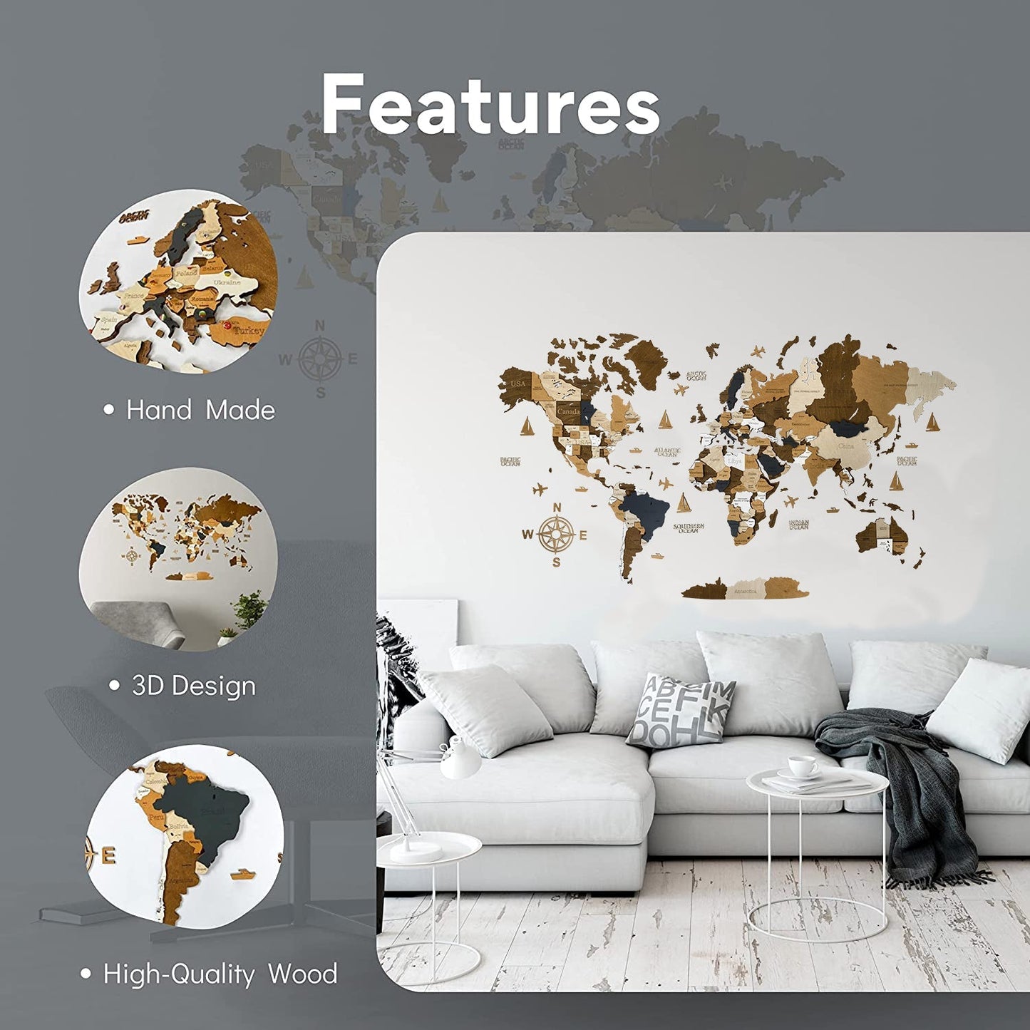 CARTE DU MONDE EN BOIS LED 3D "CAFÉ"