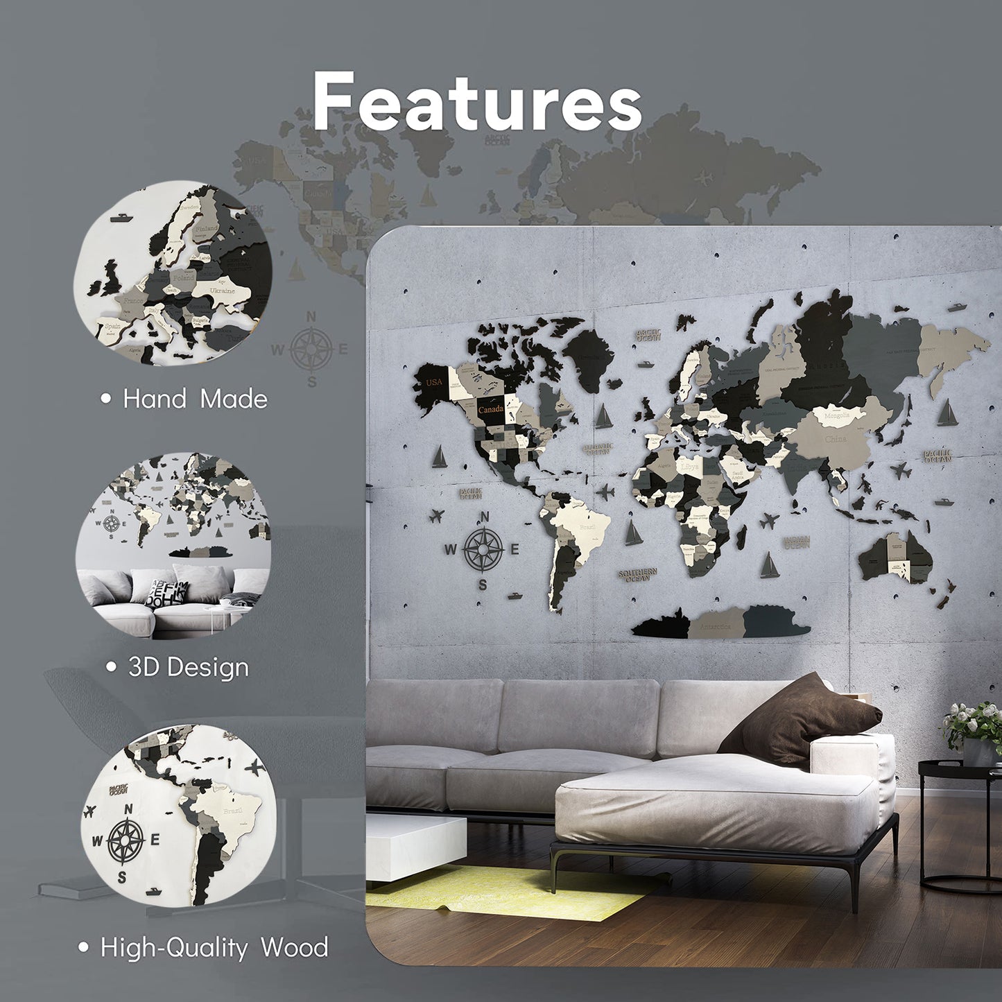 CARTE DU MONDE EN BOIS 3D "NUIT"