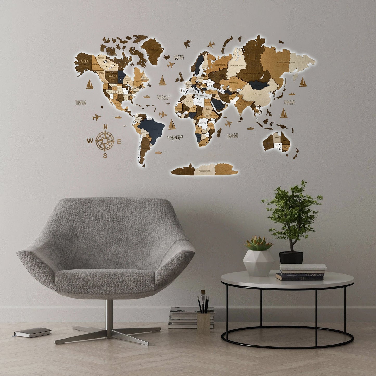 CARTE DU MONDE EN BOIS LED 3D "CAFÉ"