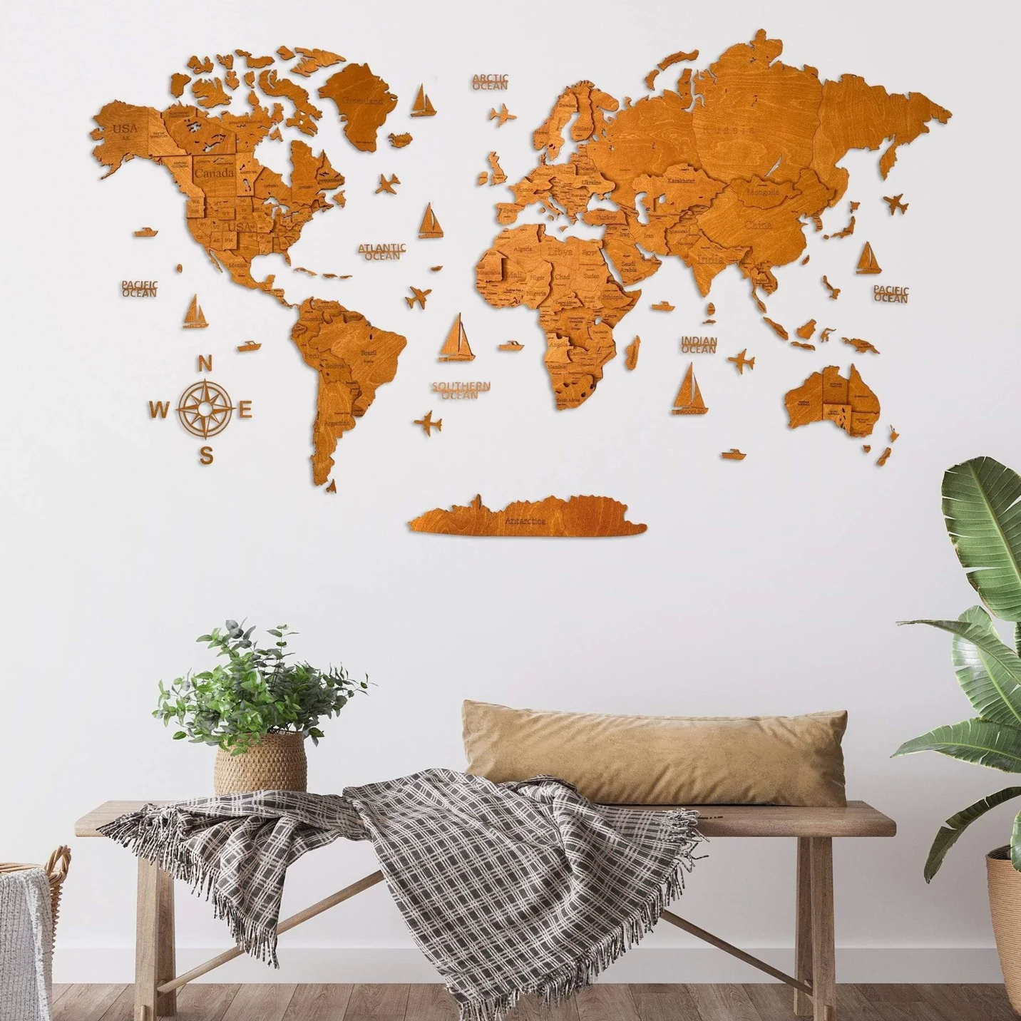 3D WOODEN WORLD WALL MAP