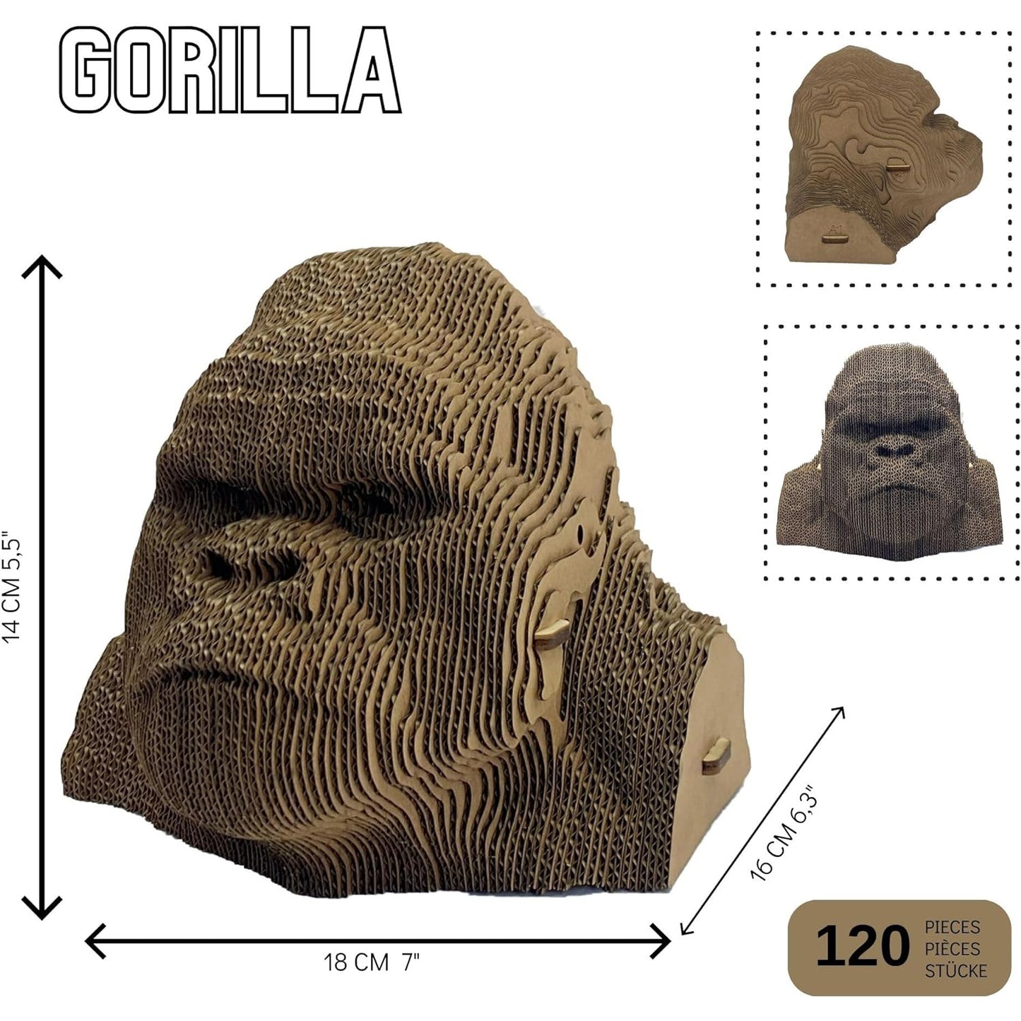 3D-pusselhuvudskulptur gjord av wellpapp - Gorilla