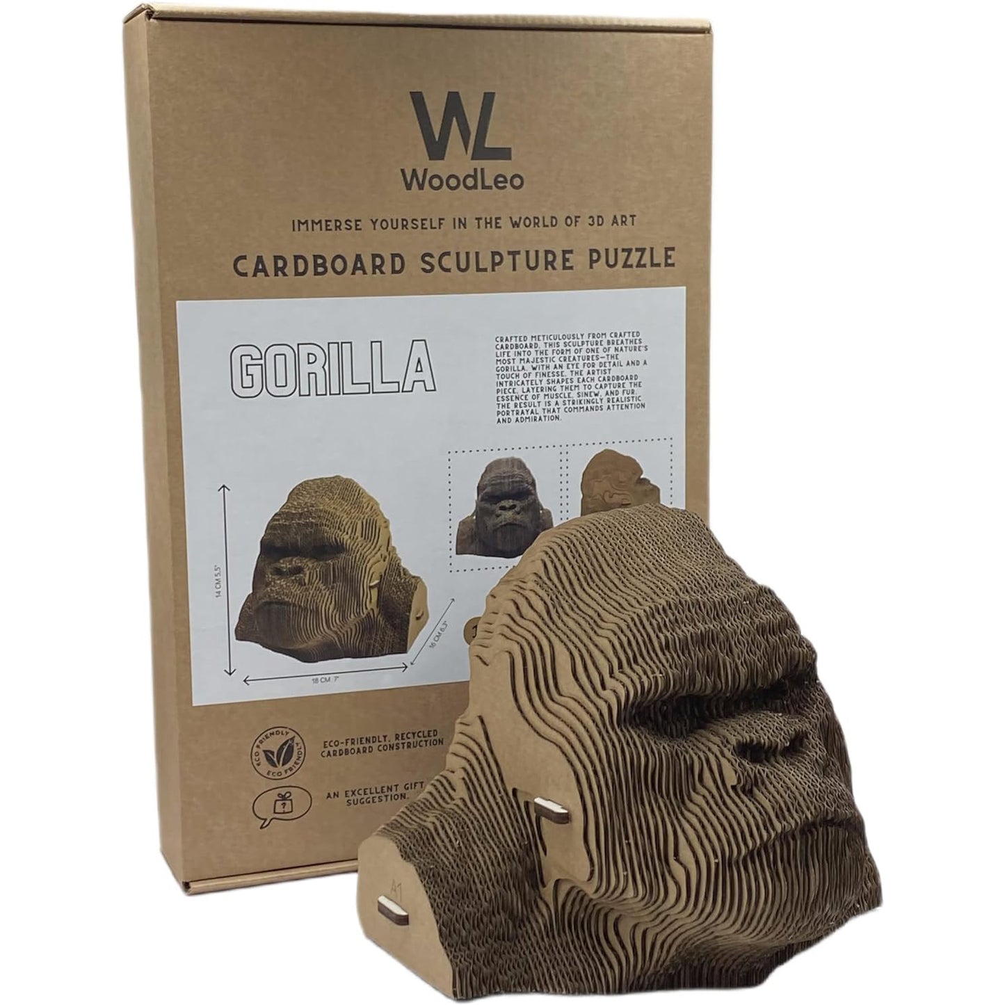 3D-pusselhuvudskulptur gjord av wellpapp - Gorilla