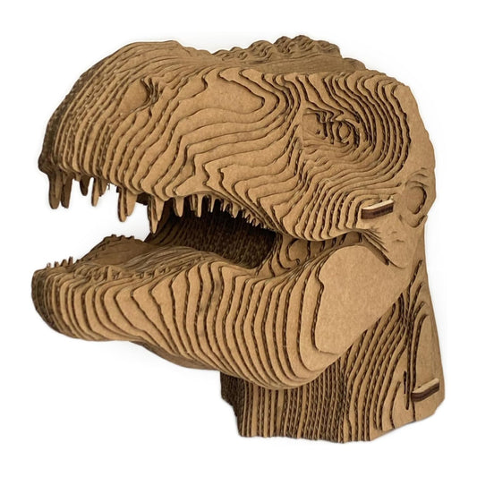 Scultura 3D di testa in cartone ondulato - dinosauro T-rex