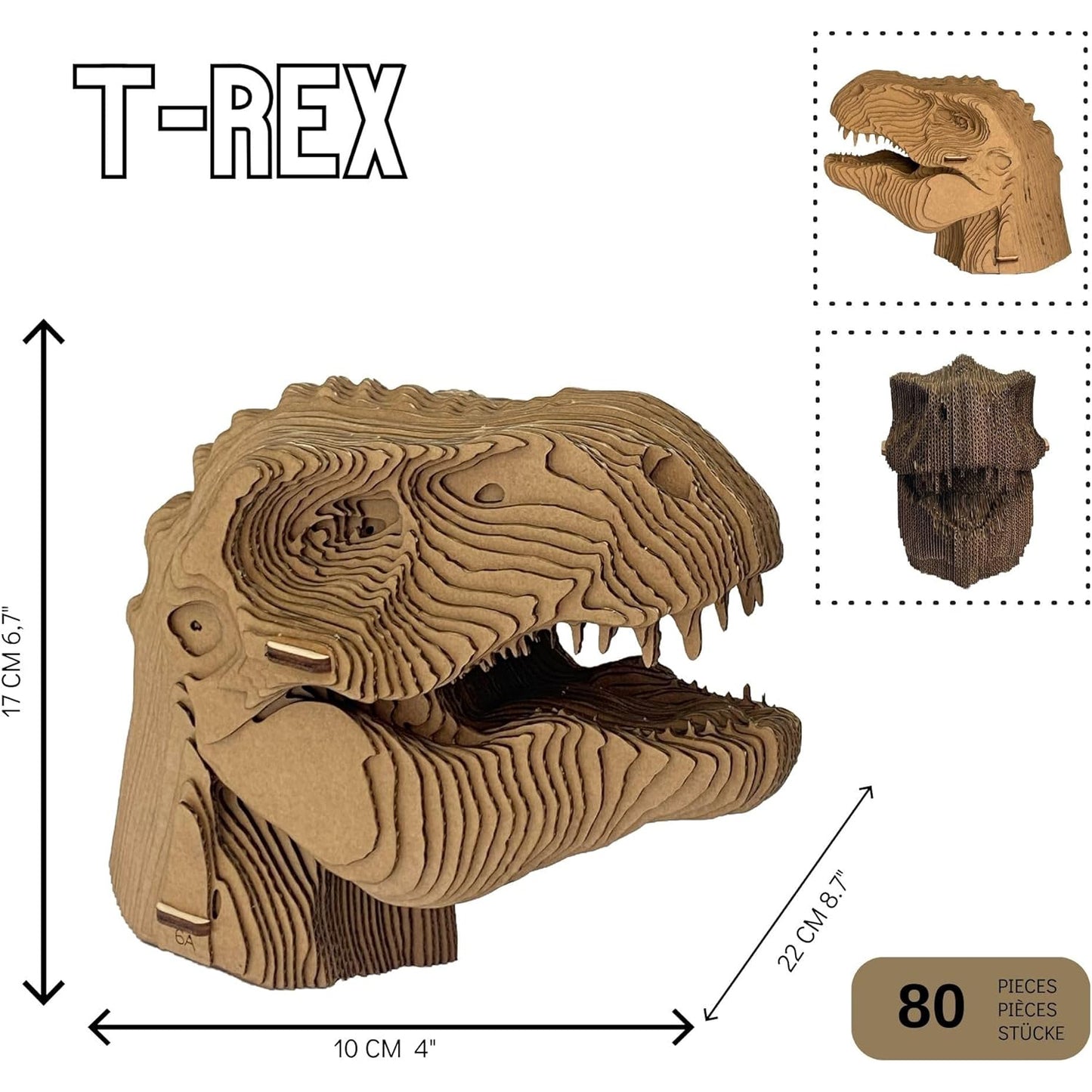 Scultura 3D di testa in cartone ondulato - dinosauro T-rex