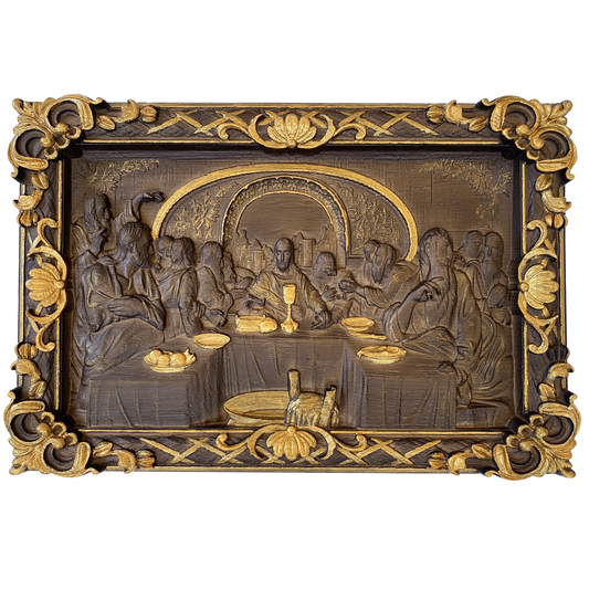 La Cène Icône sculptée en bois avec cadre baroque