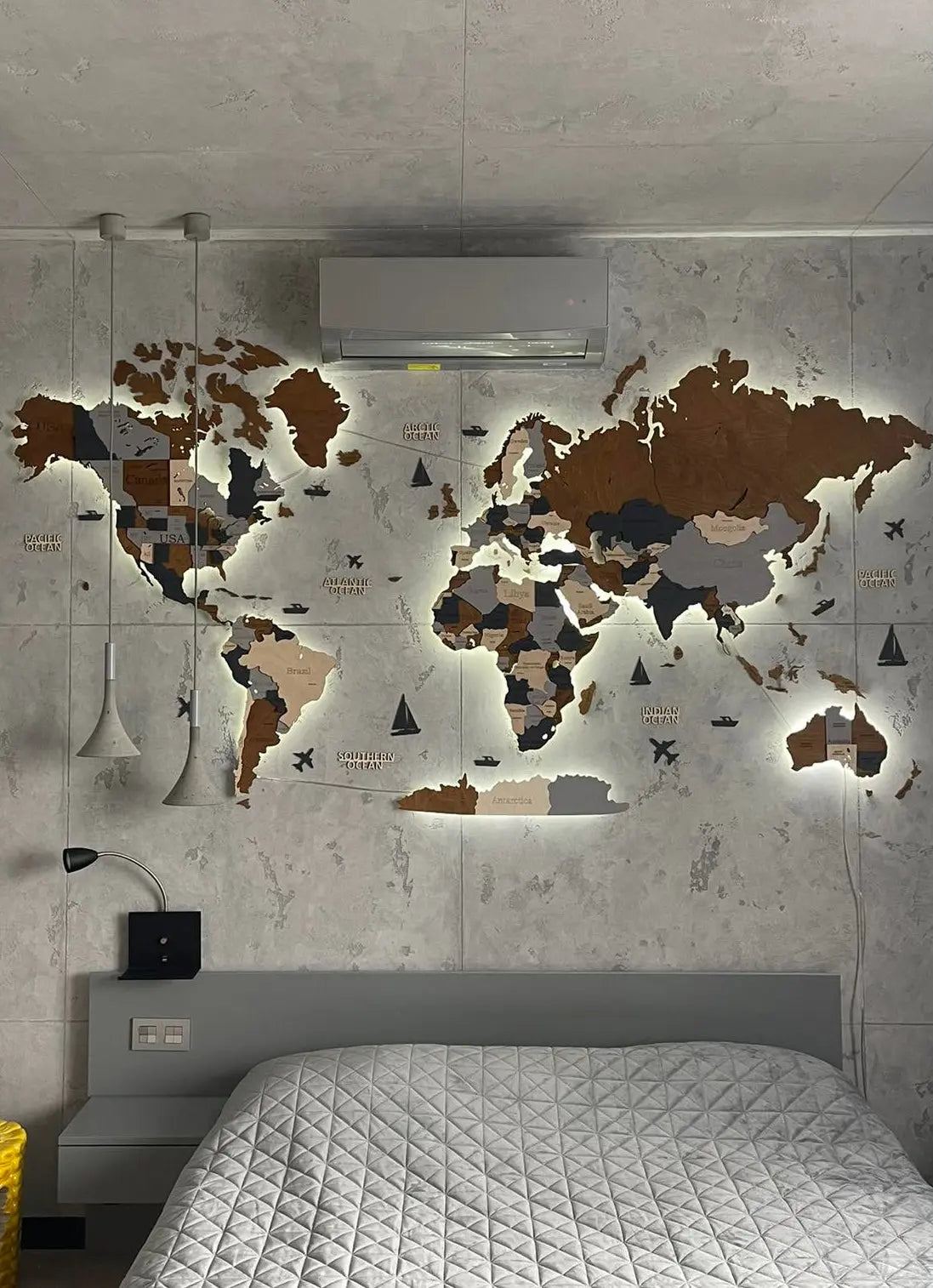 3D LED WOODEN WORLD MAP IN DARK BROWN AND GREY WoodLeo