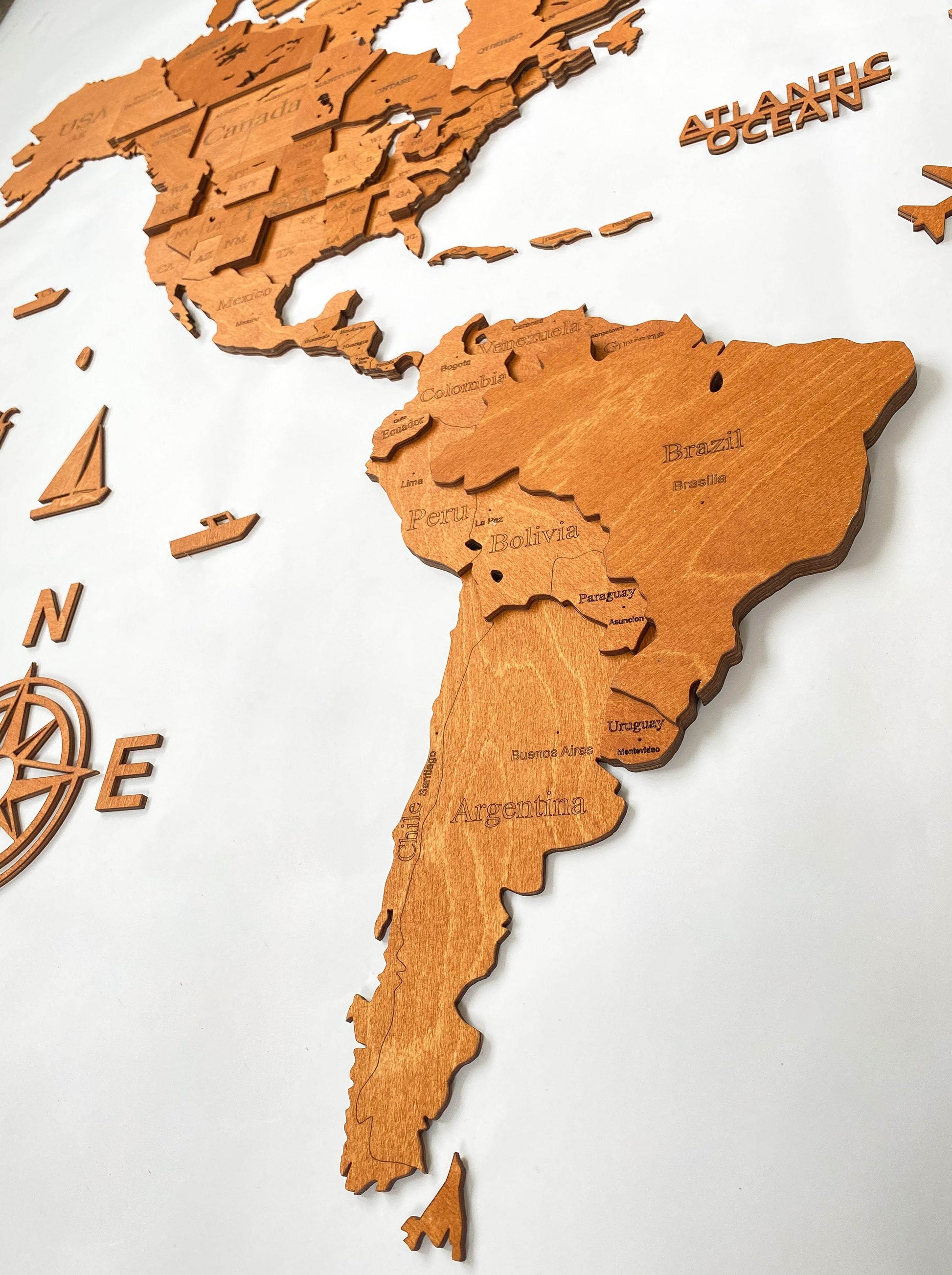 3D Wooden World Map Walnut