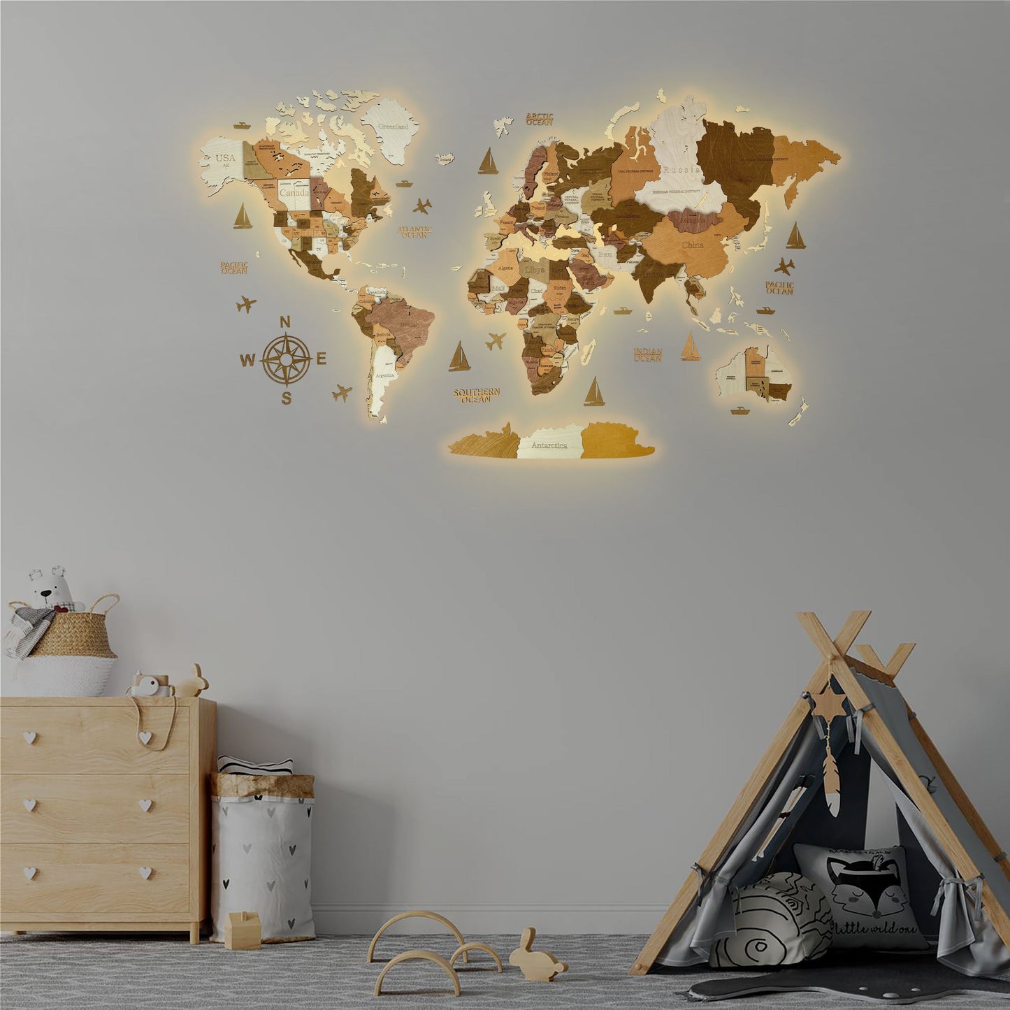 3D LED MAPA DEL MUNDO DE MADERA