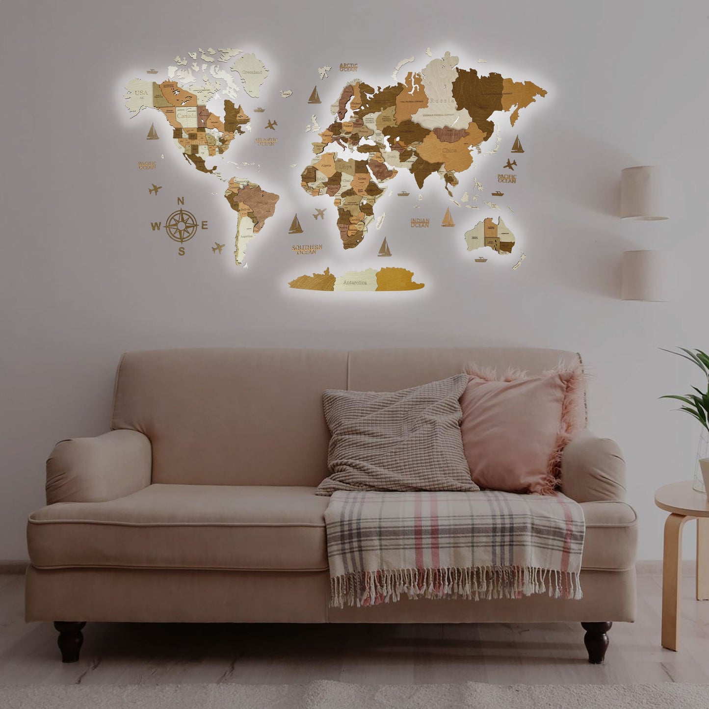 3D LED MAPA DEL MUNDO DE MADERA