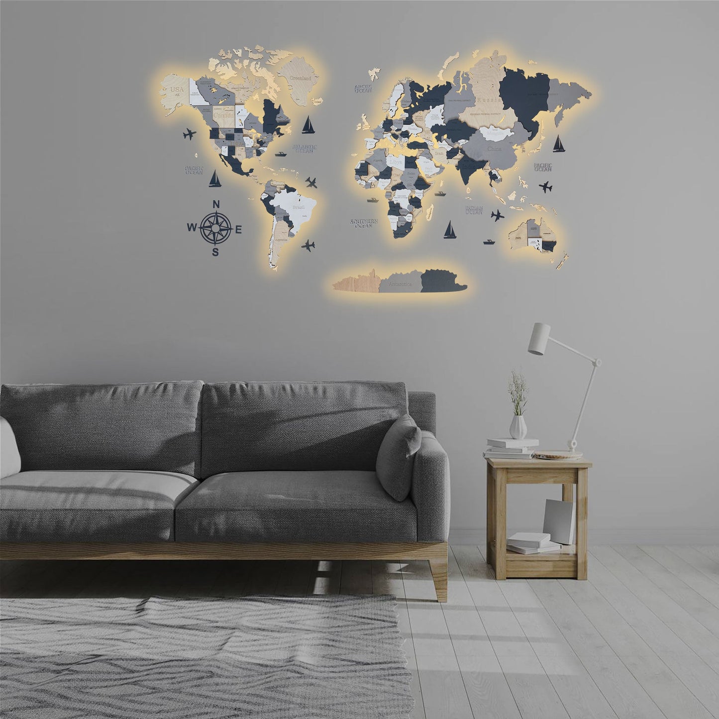 3D LED MAPA DEL MUNDO DE MADERA