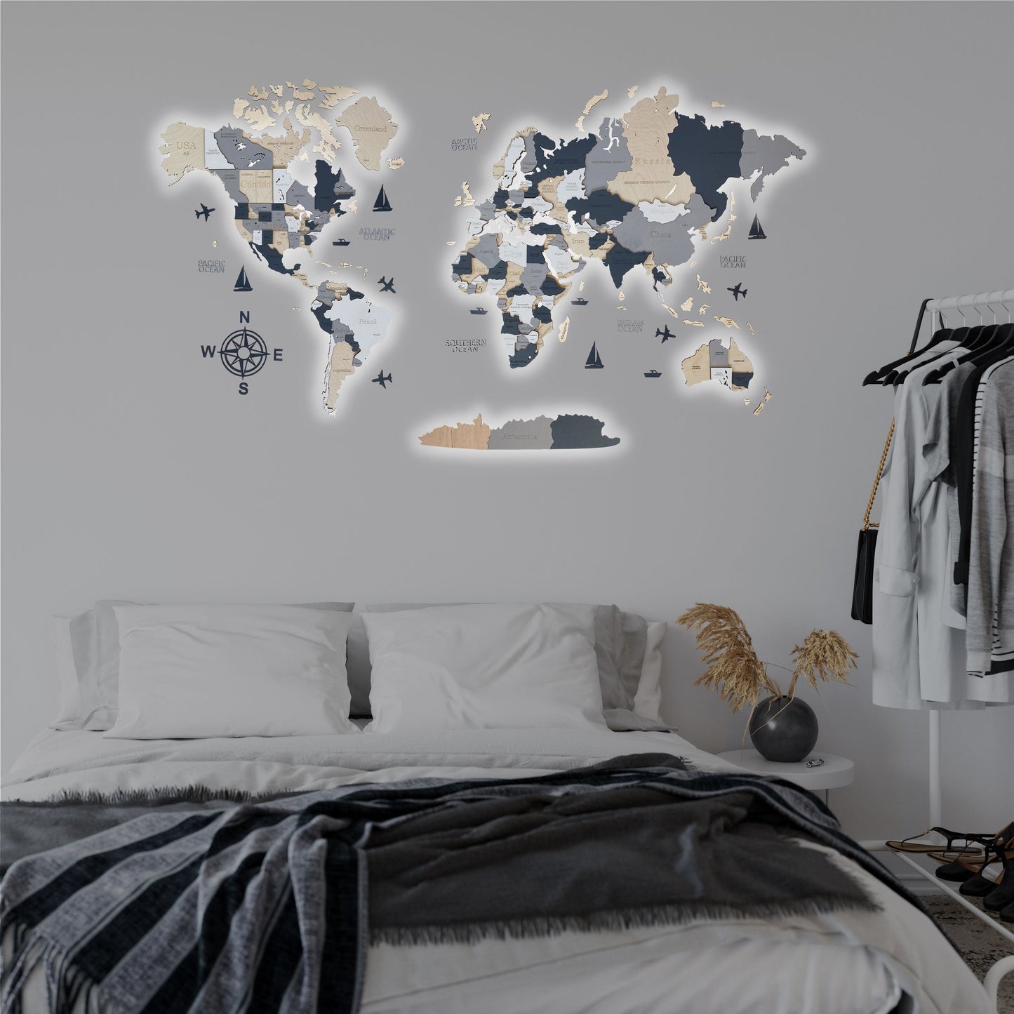 3D LED MAPA DEL MUNDO DE MADERA