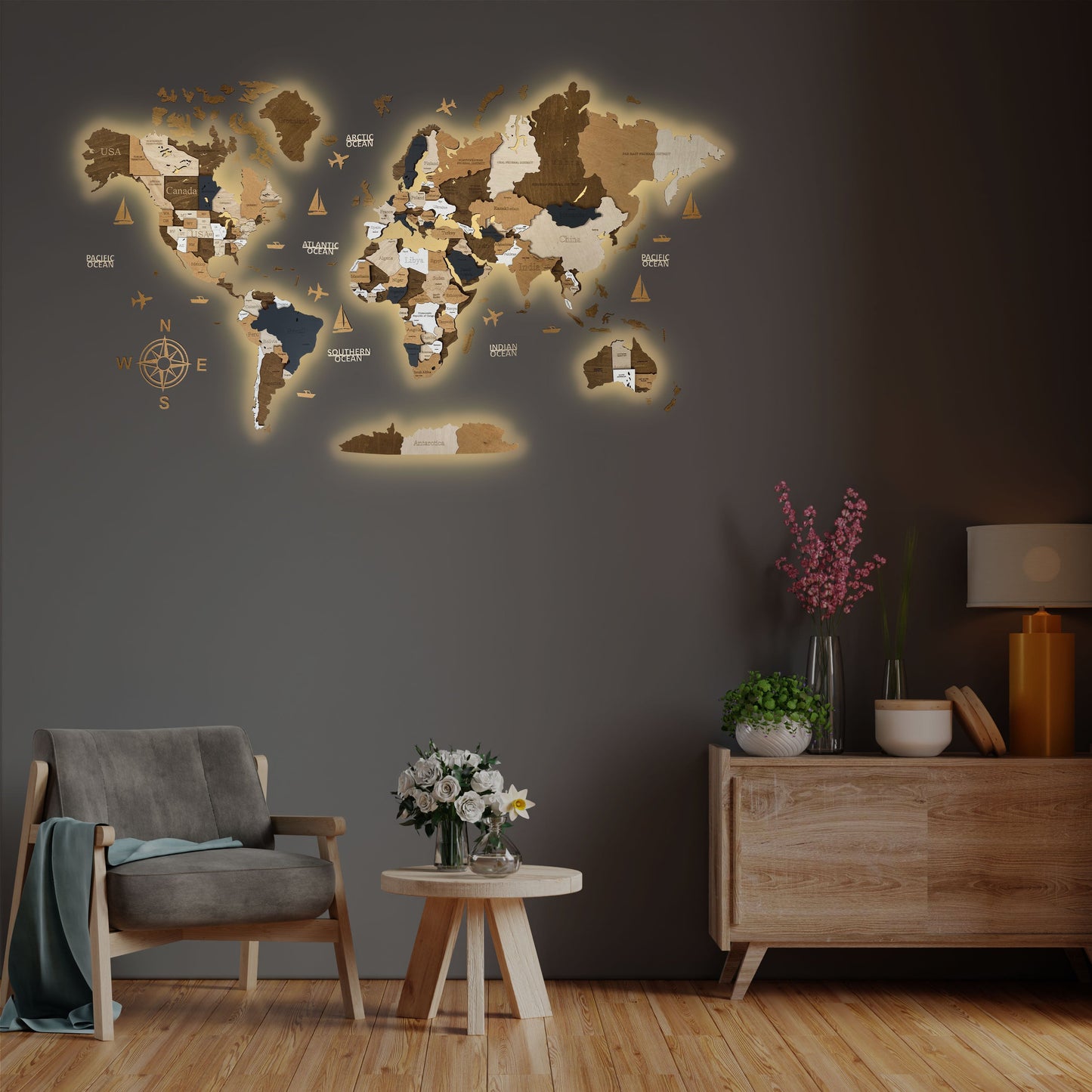 3D LED MAPA DEL MUNDO DE MADERA