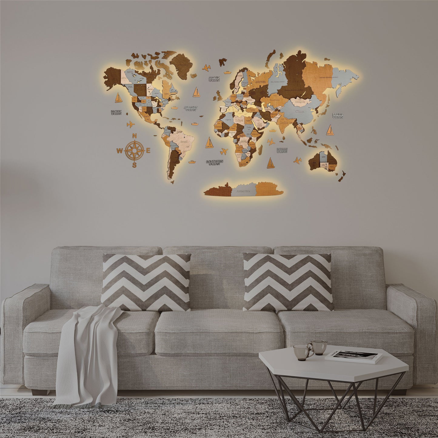 3D LED MAPA DEL MUNDO DE MADERA