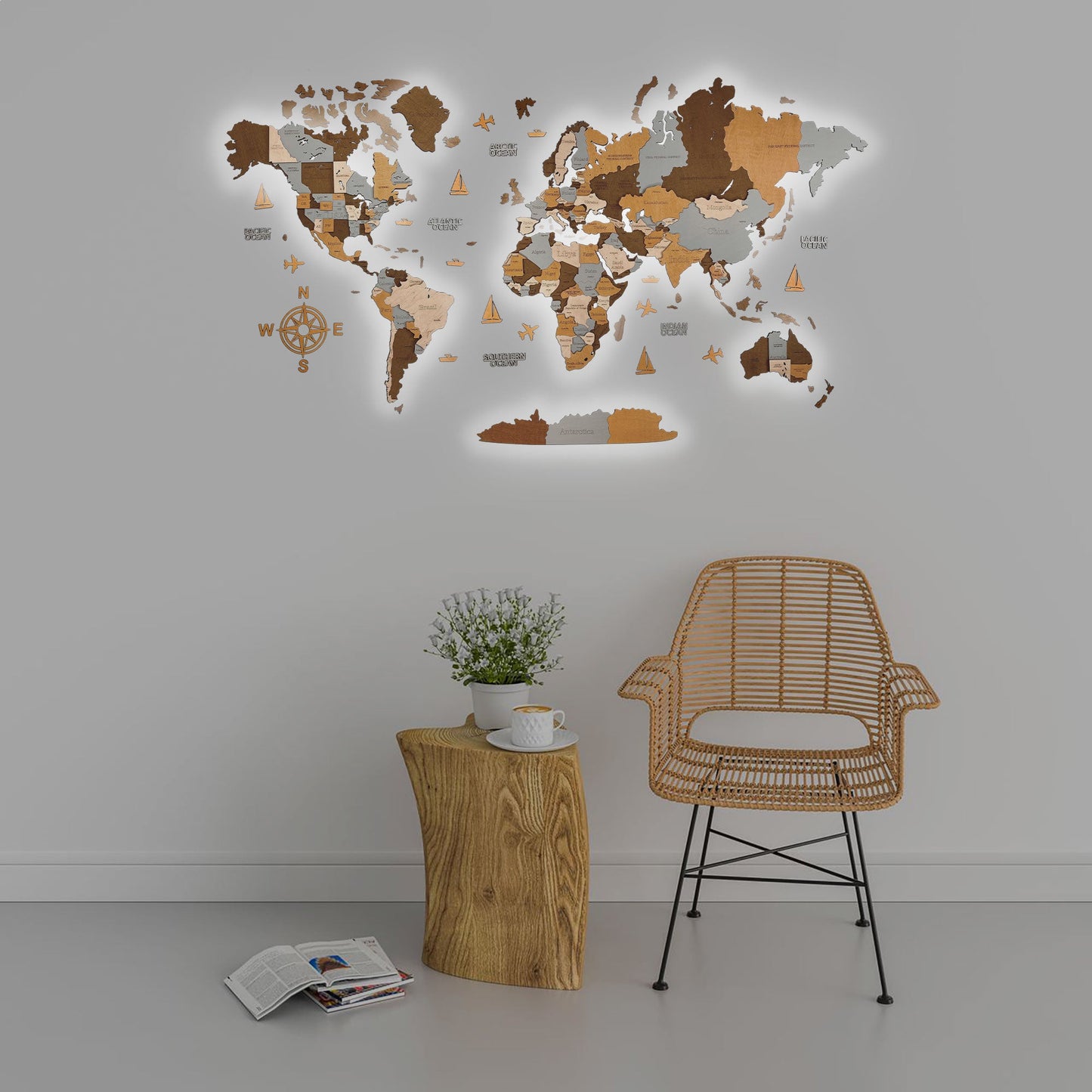 3D LED MAPA DEL MUNDO DE MADERA