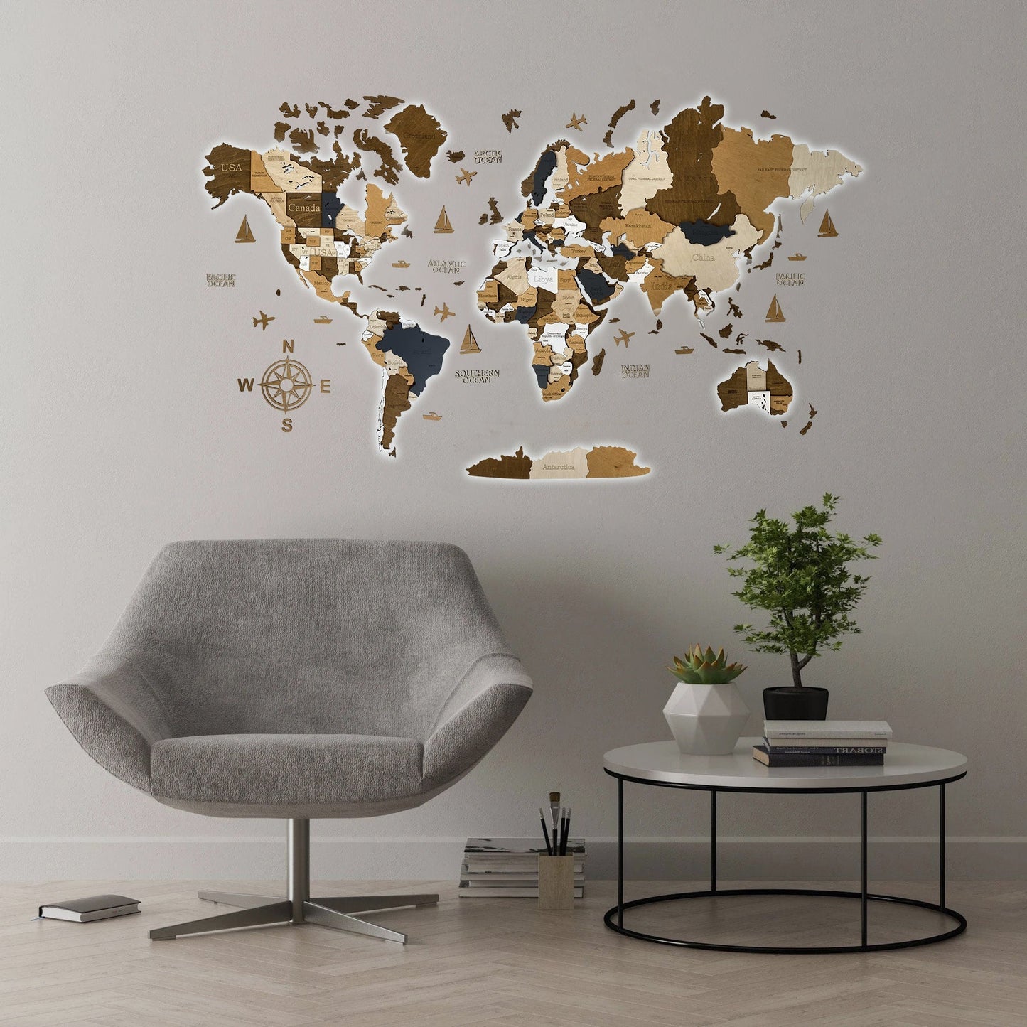 3D LED WOODEN WORLD MAP "COFFEE"